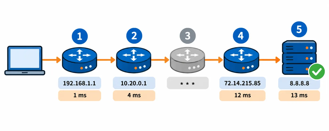 Ruta de tracert por cinco saltos desde el router 192.168.1.1 hasta 8.8.8.8; el salto 3 con asteriscos no es un fallo