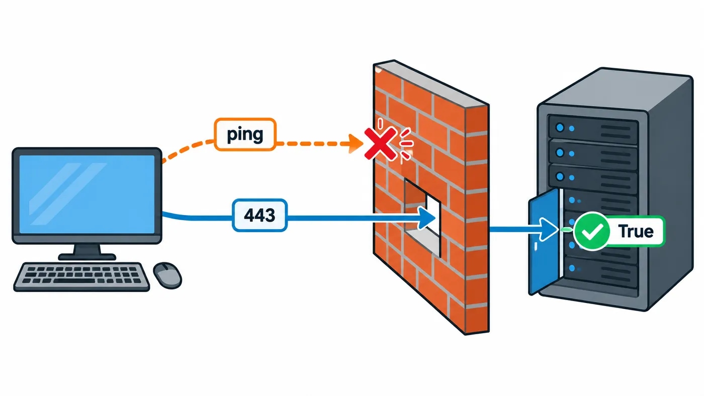 Un servidor que no responde al ping pero tiene el puerto 443 abierto: TcpTestSucceeded True