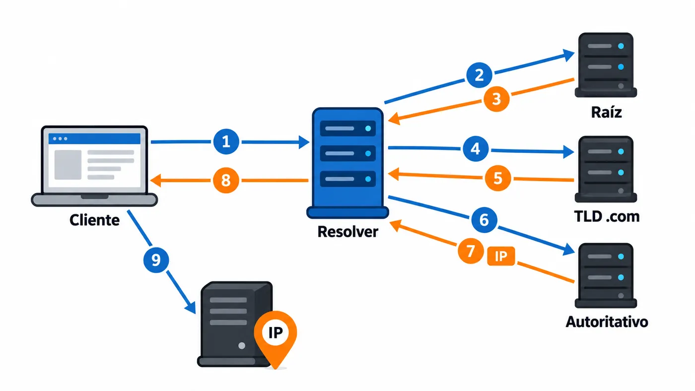 Recorrido de una consulta DNS del cliente al resolver, raíz, TLD y servidor autoritativo, hasta obtener la IP.