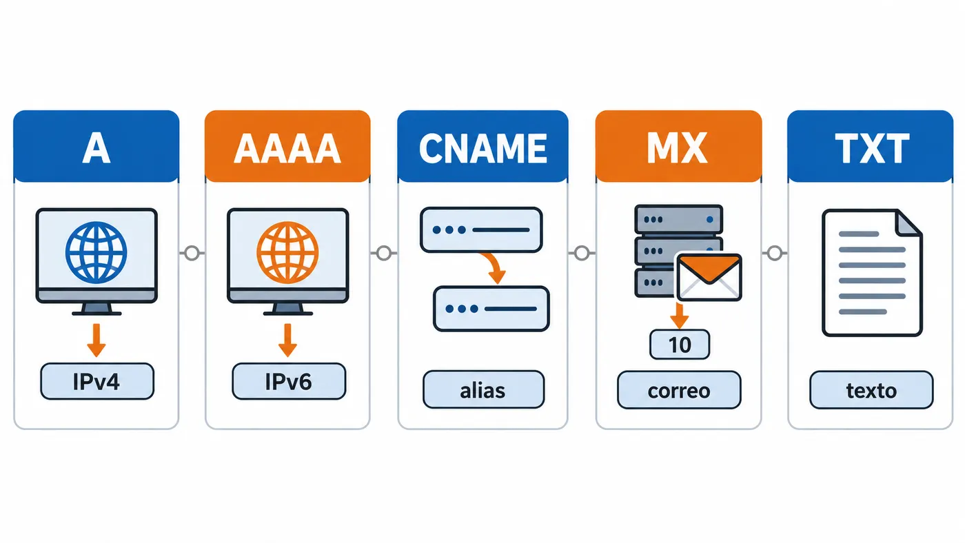 Comparación visual de A, AAAA, CNAME, MX y TXT con sus funciones básicas.