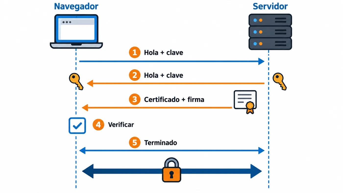 Secuencia del handshake TLS 1.3 entre navegador y servidor: hola, intercambio de claves, certificado, verificación y tráfico cifrado
