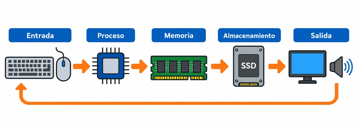 Flujo de un ordenador desde teclado y ratón hasta CPU, RAM, SSD y pantalla o altavoces.