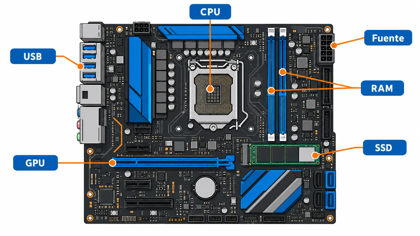 Placa base genérica con CPU, RAM, SSD, ranura de GPU, puertos USB y conexión de alimentación señalados.