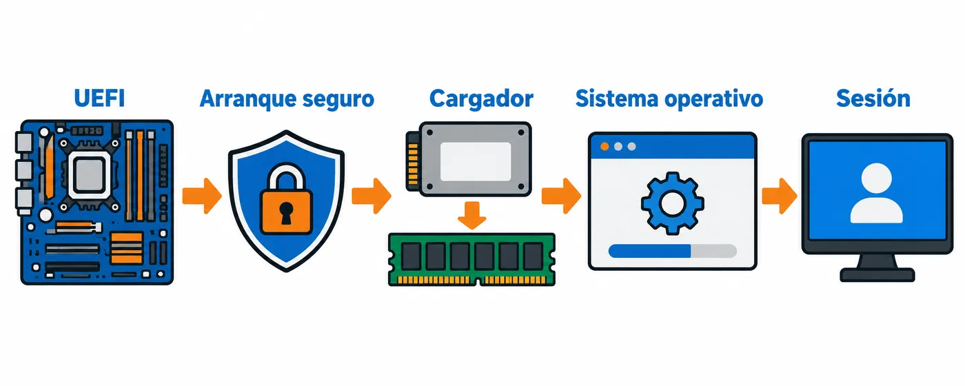 Secuencia de arranque desde UEFI y arranque seguro hasta cargar el sistema operativo y mostrar la sesión.