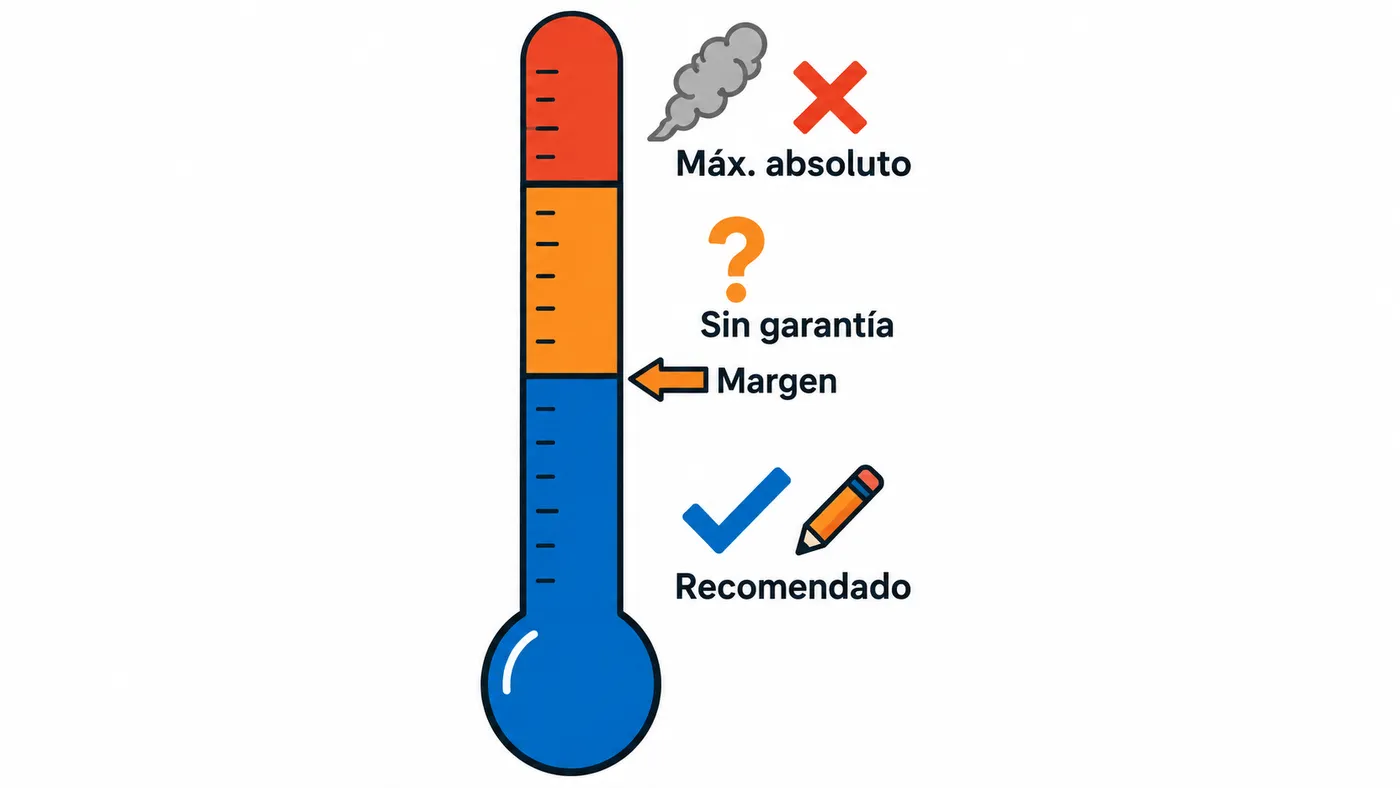 Escala de tensión con zona recomendada para diseñar, zona sin garantías y zona de daño por encima del máximo absoluto