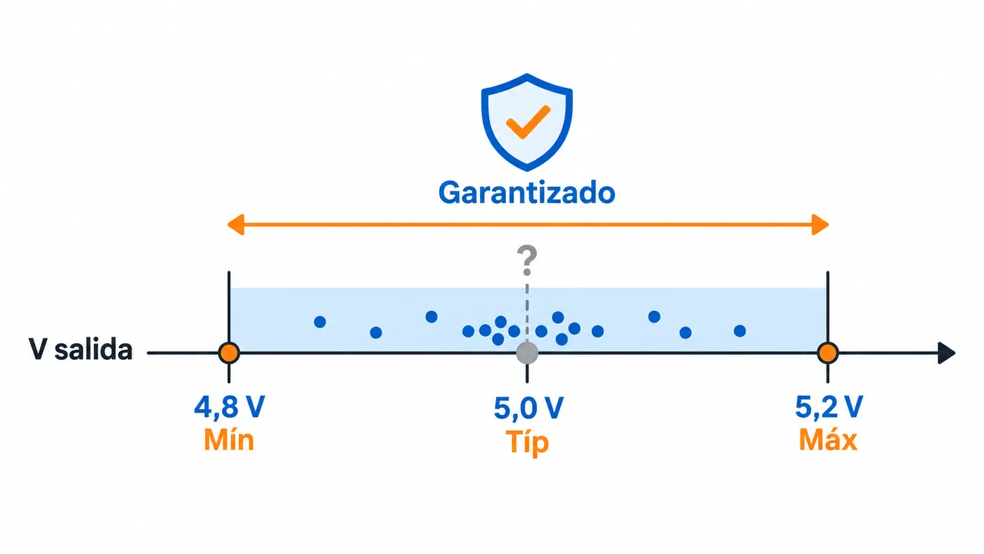 Rango de tensión de salida del 7805 entre 4,8 V mínimo y 5,2 V máximo, con el típico de 5,0 V marcado como no garantizado