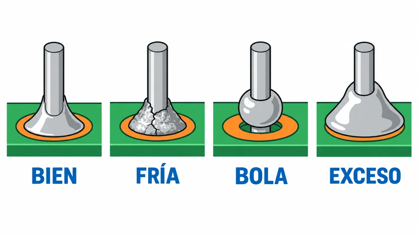 Comparación visual de una unión correcta, una soldadura fría, una bola y un exceso de estaño.