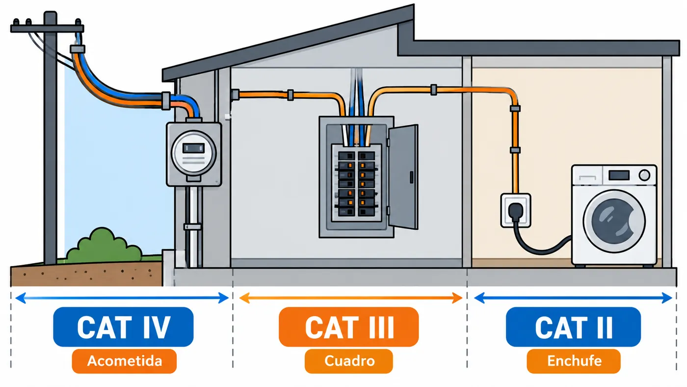 Esquema de instalación eléctrica que sitúa CAT IV en acometida, CAT III en cuadro y CAT II en enchufe.