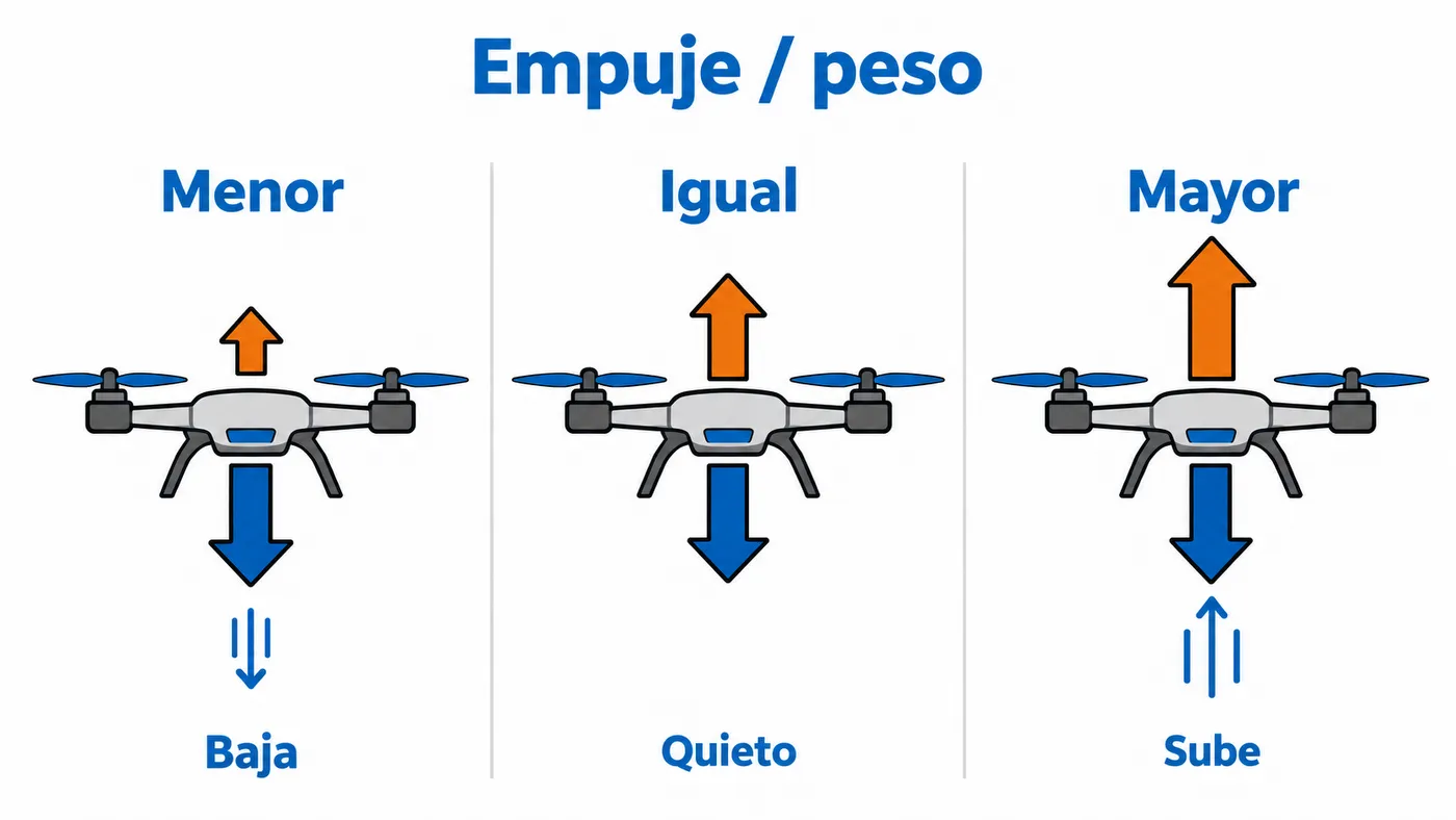Comparación del empuje y el peso: menor empuje hace bajar el dron, igual lo mantiene y mayor lo hace subir.