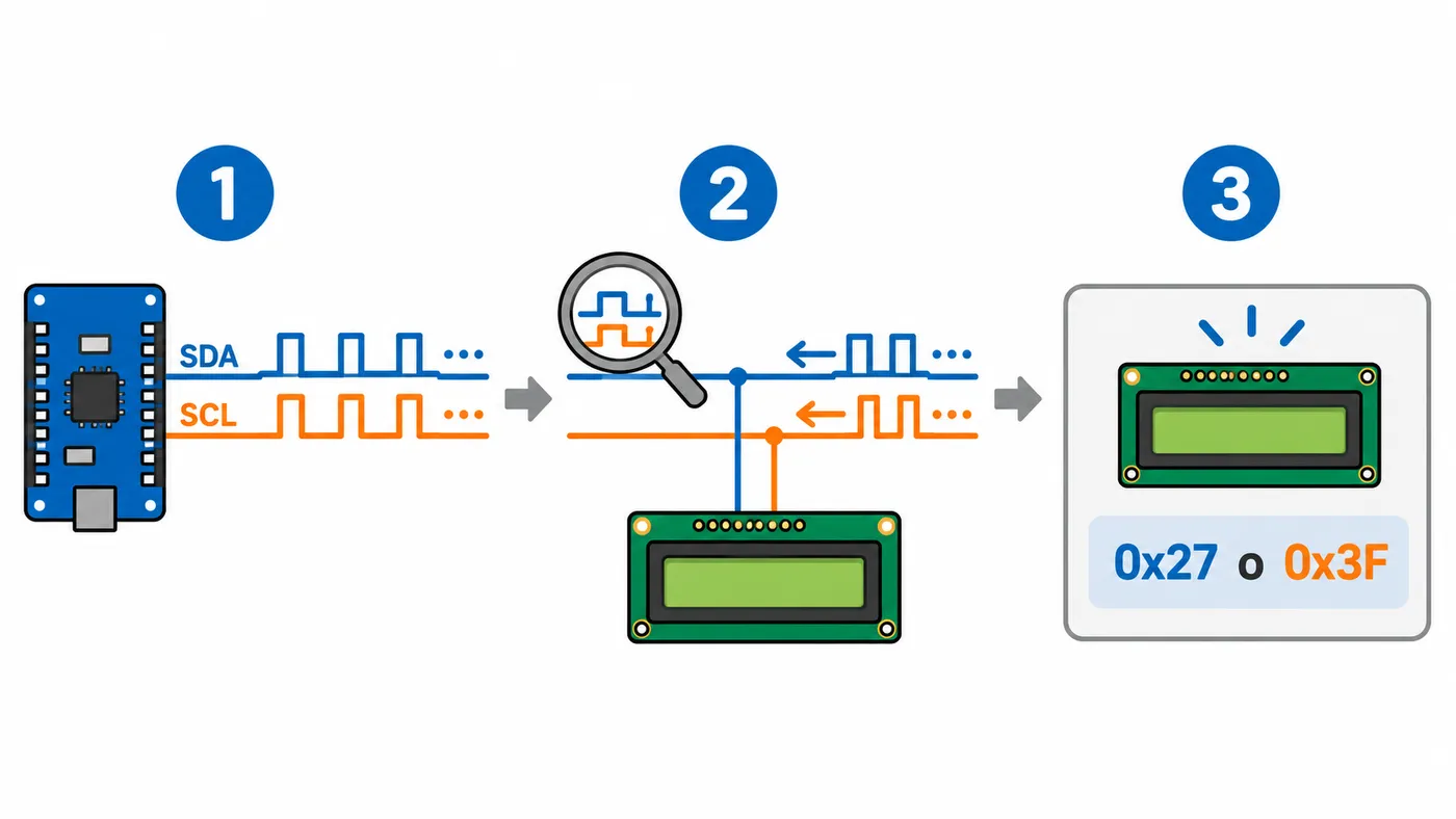 Escáner que consulta la pantalla por el bus SDA y SCL y muestra las direcciones I2C posibles 0x27 o 0x3F.