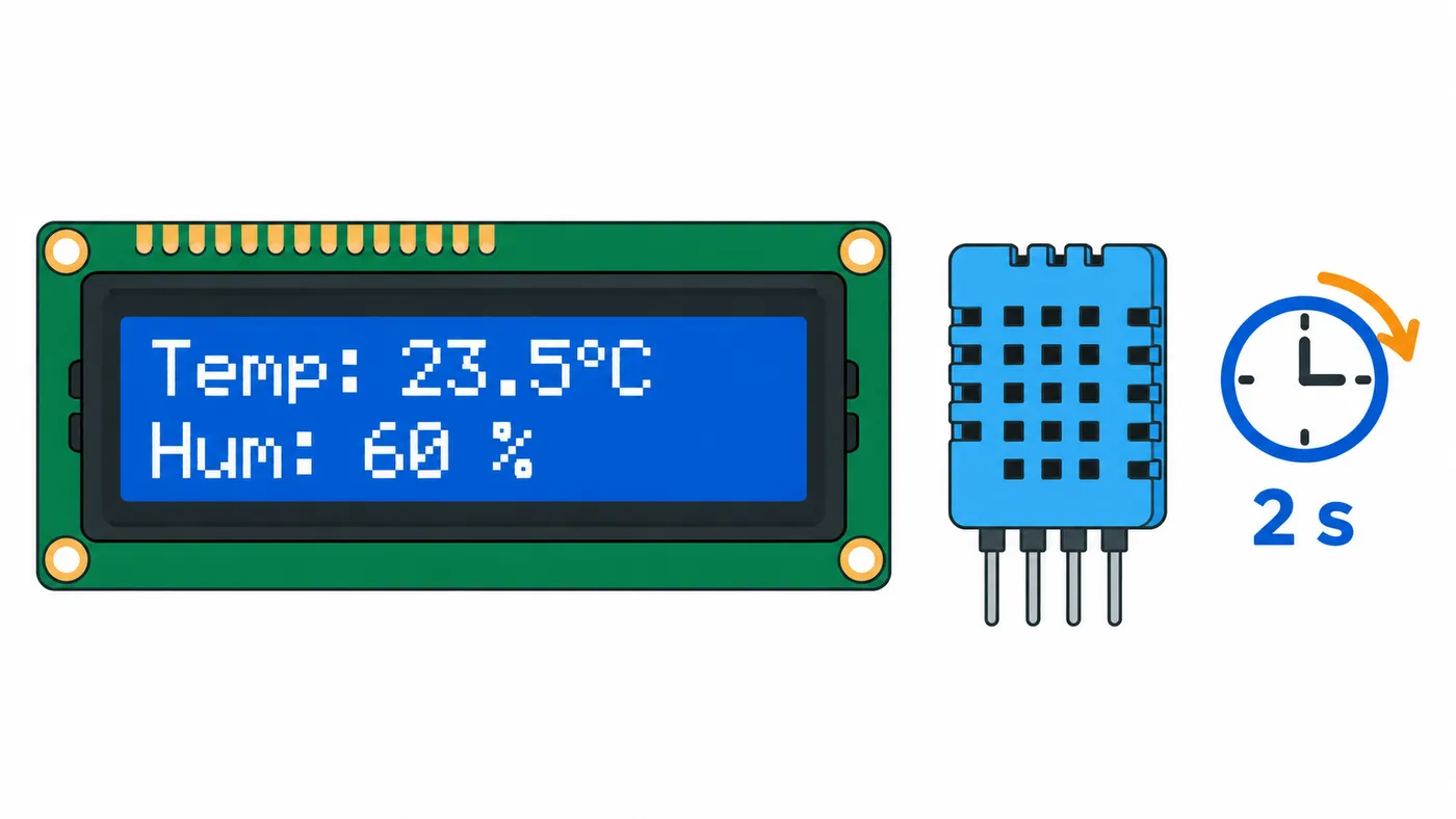 LCD de dos filas con temperatura y humedad, junto a un sensor DHT11 y un intervalo de actualización de dos segundos.