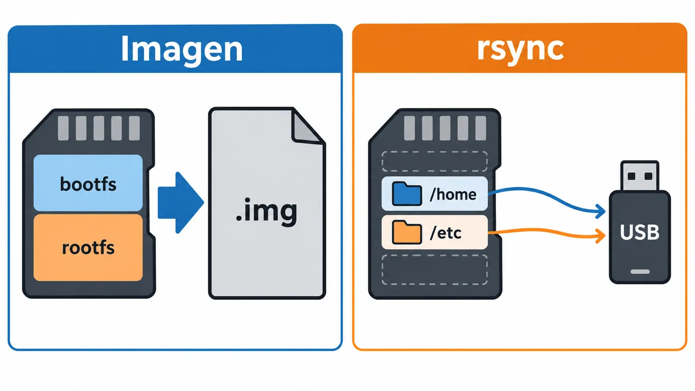 Comparativa: imagen completa de toda la tarjeta SD frente a copia de solo algunas carpetas con rsync a un disco USB