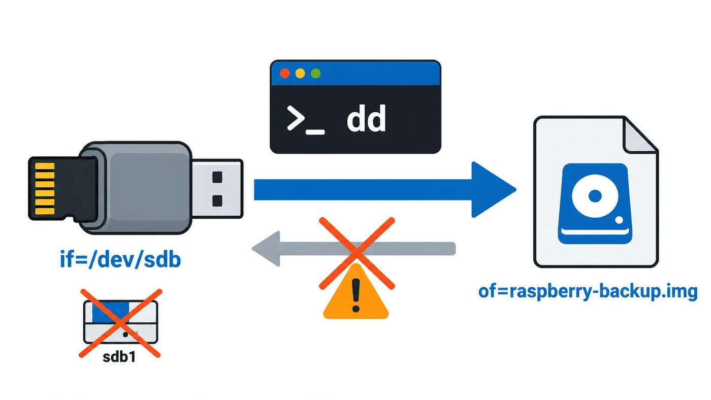 Esquema de dd: la tarjeta SD /dev/sdb es el origen if y el archivo raspberry-backup.img es el destino of