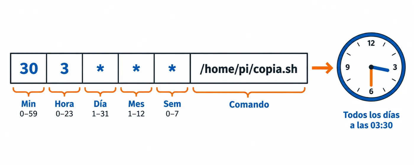 Anatomía de una línea de crontab: cinco campos de tiempo minuto, hora, día del mes, mes y día de la semana, seguidos del comando