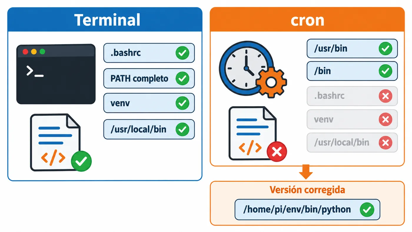 Comparación entre el entorno completo de la terminal y el entorno mínimo de cron, con PATH reducido a /usr/bin y /bin
