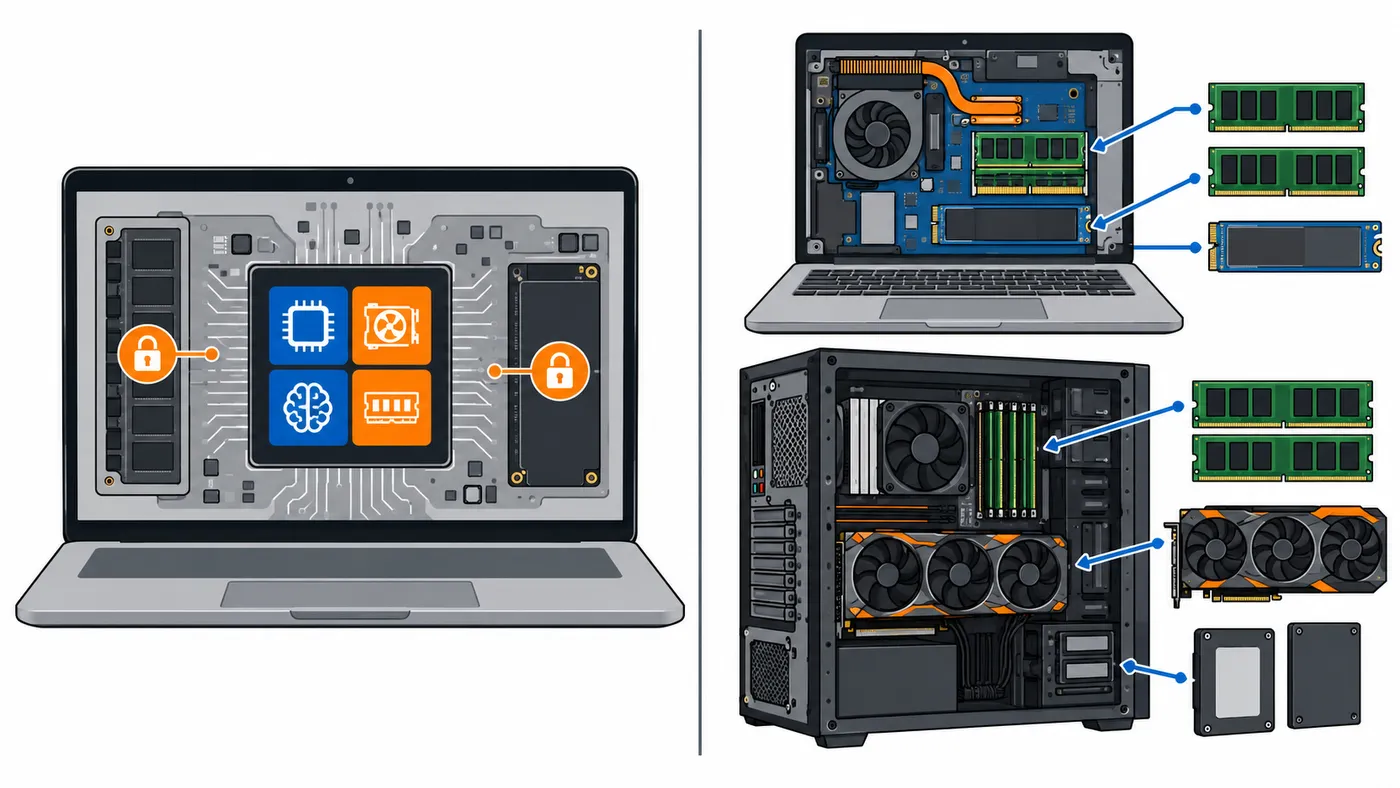 Un portátil con componentes integrados frente a equipos PC con memoria, SSD y gráfica extraíbles.