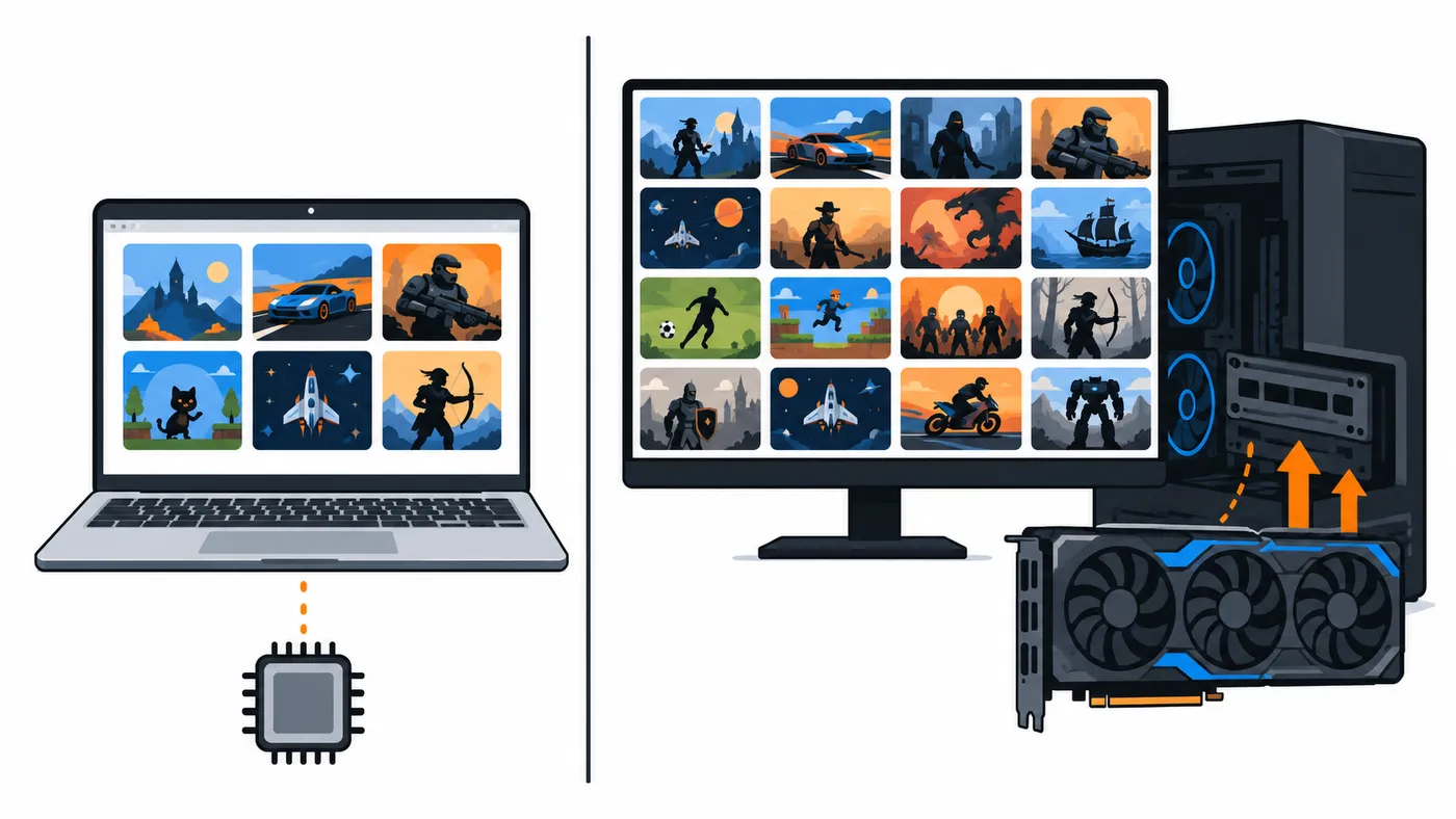 Catálogo de juegos más reducido en portátil frente a PC de sobremesa con gráfica ampliable.