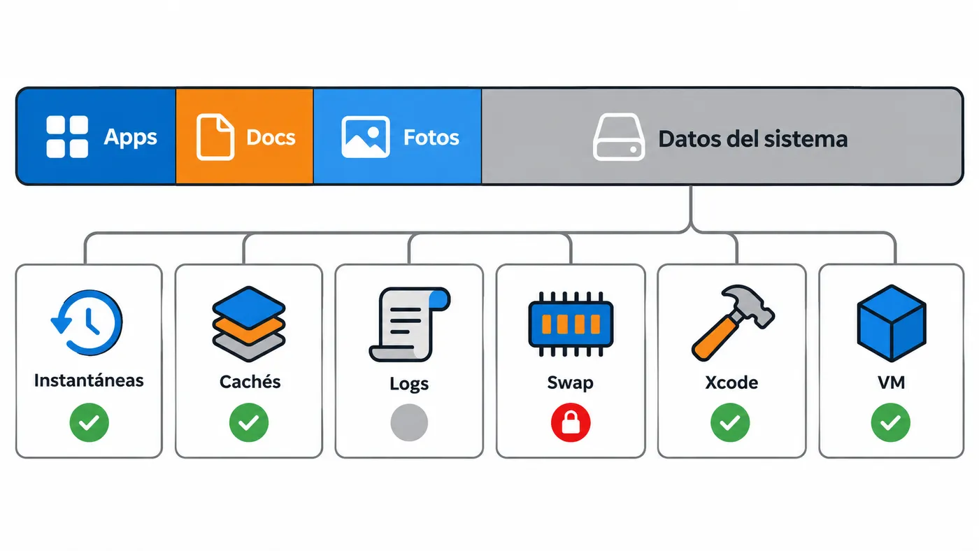 Barra de almacenamiento del Mac con el segmento gris de Datos del sistema desglosado en instantáneas, cachés, logs, swap y Xcode