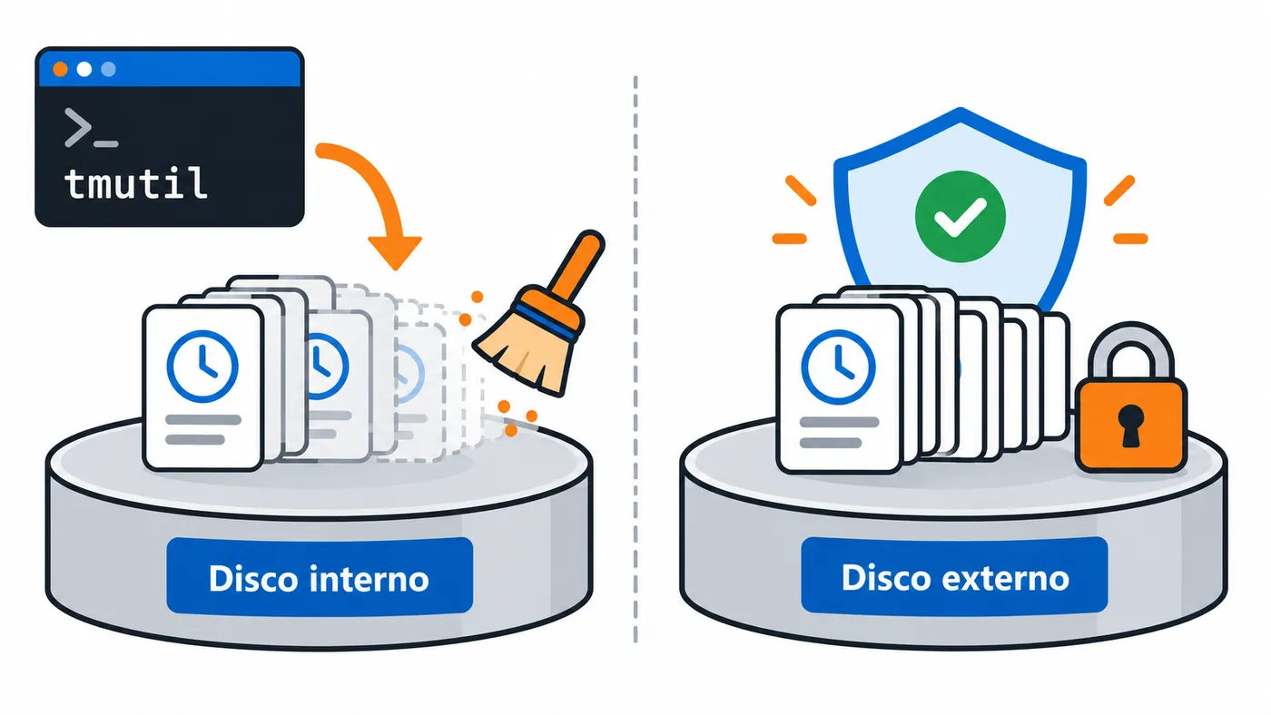 El disco interno del Mac guarda instantáneas locales de Time Machine; tmutil las elimina sin tocar las copias del disco externo