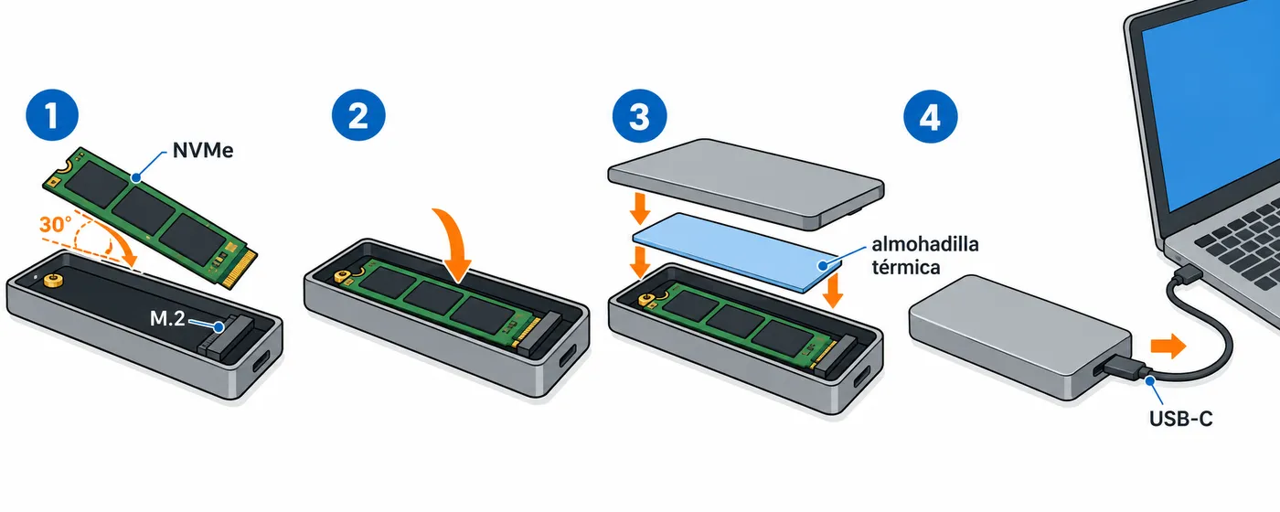 Montaje de un NVMe M.2 en su carcasa, con almohadilla térmica y conexión USB-C directa al Mac.