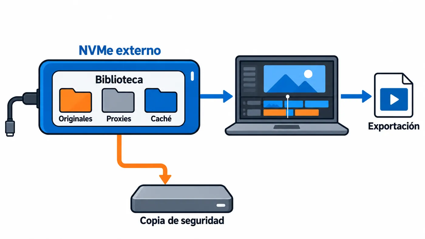 Un NVMe externo guarda la Biblioteca con Originales, Proxies y Caché; el portátil edita desde ella, exporta el vídeo aparte y la biblioteca se copia a otro disco.