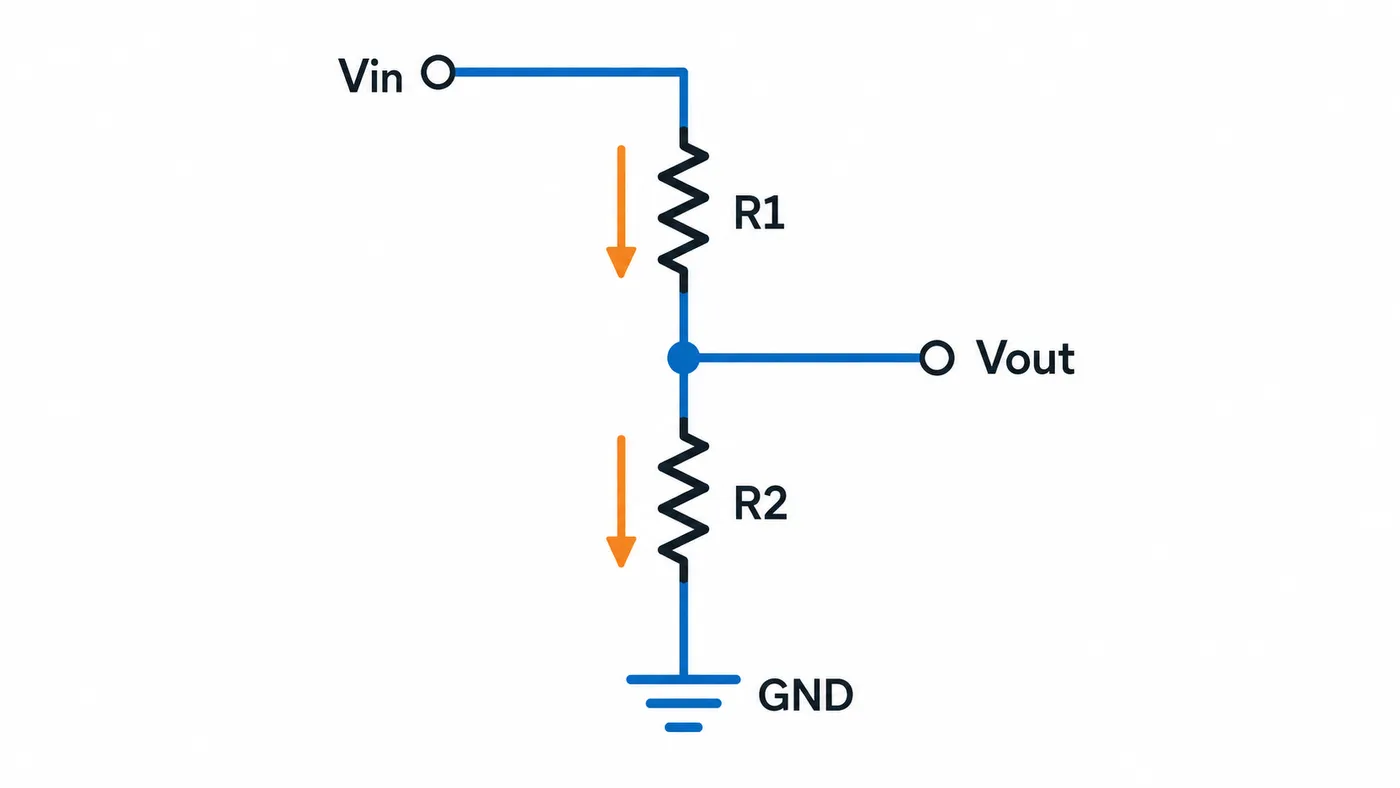 Esquema del divisor: R1 conecta Vin con Vout y R2 conecta Vout con GND.
