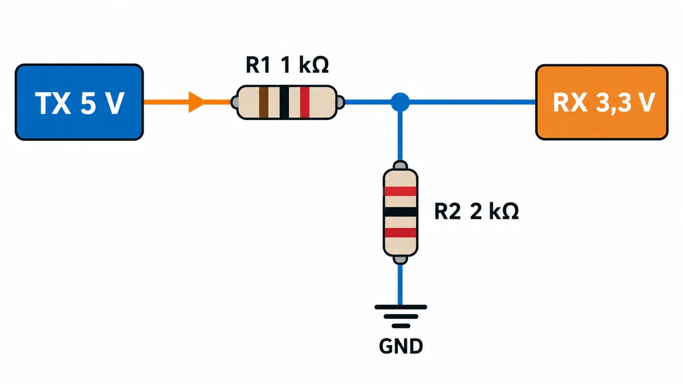Un divisor de 1 kΩ y 2 kΩ reduce TX de 5 V a unos 3,3 V para RX.