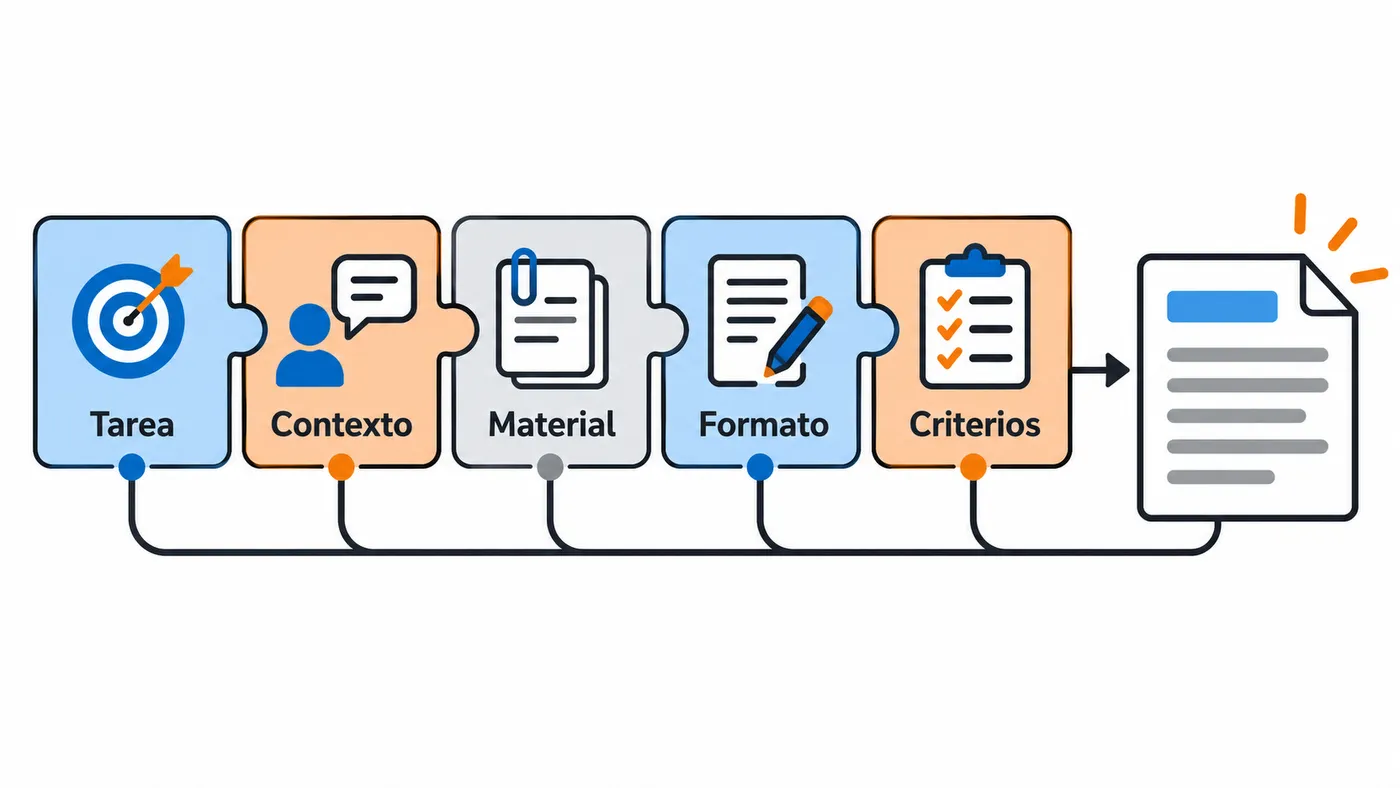 Cinco piezas conectadas de un prompt: tarea, contexto, material, formato y criterios.