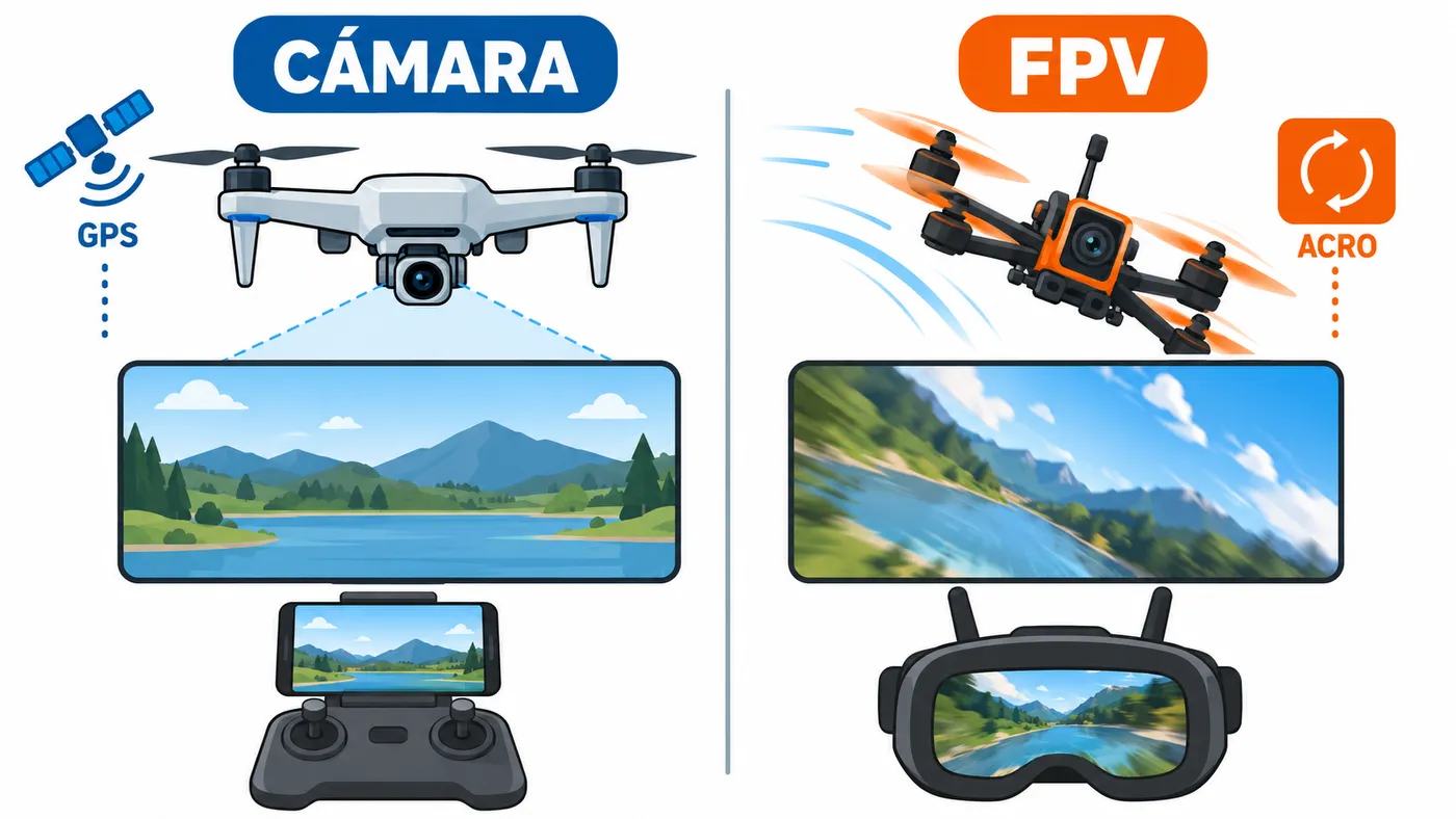 Un dron de cámara se mantiene nivelado con GPS, mientras un FPV inclinado avanza en modo acro.
