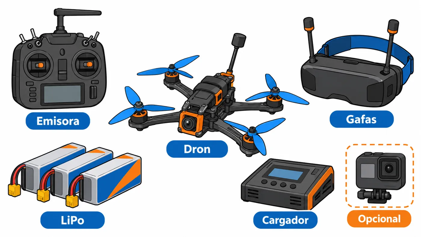 Equipo FPV: dron, emisora, gafas, baterías LiPo, cargador y cámara de acción opcional.
