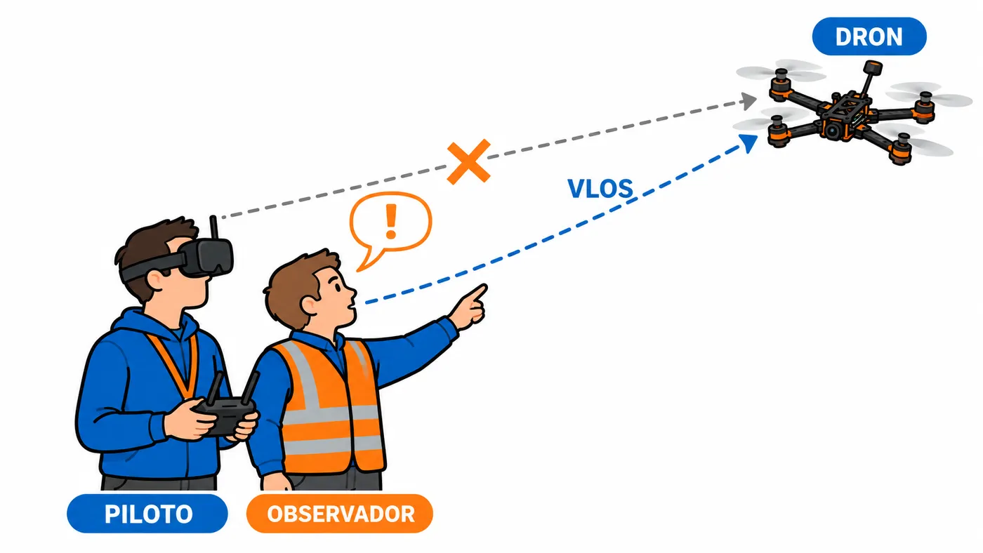 El piloto con gafas FPV no ve el dron; el observador a su lado lo vigila y puede avisarle.