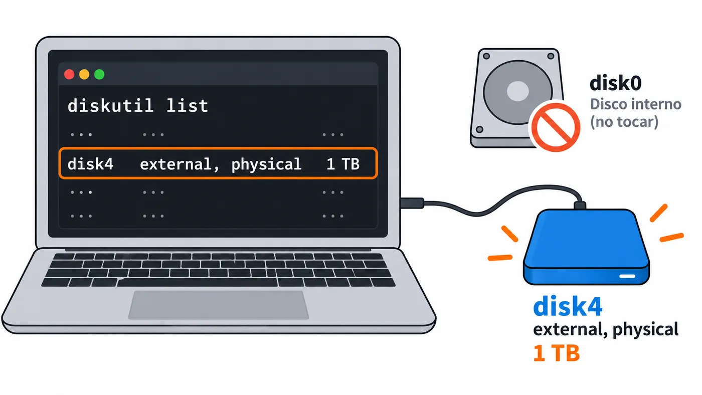 Terminal identifica el disco externo disk4 por su tamaño y lo distingue del disco interno disk0.
