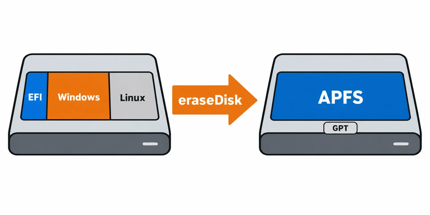 El comando eraseDisk sustituye varias particiones por un volumen APFS con esquema GPT.