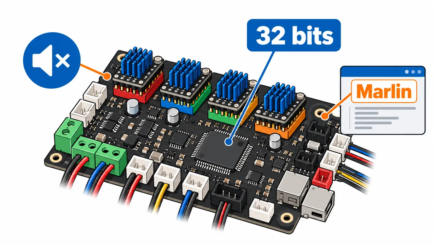 Placa controladora de 32 bits con cuatro drivers TMC2208 en zócalos, firmware Marlin e icono de funcionamiento silencioso.