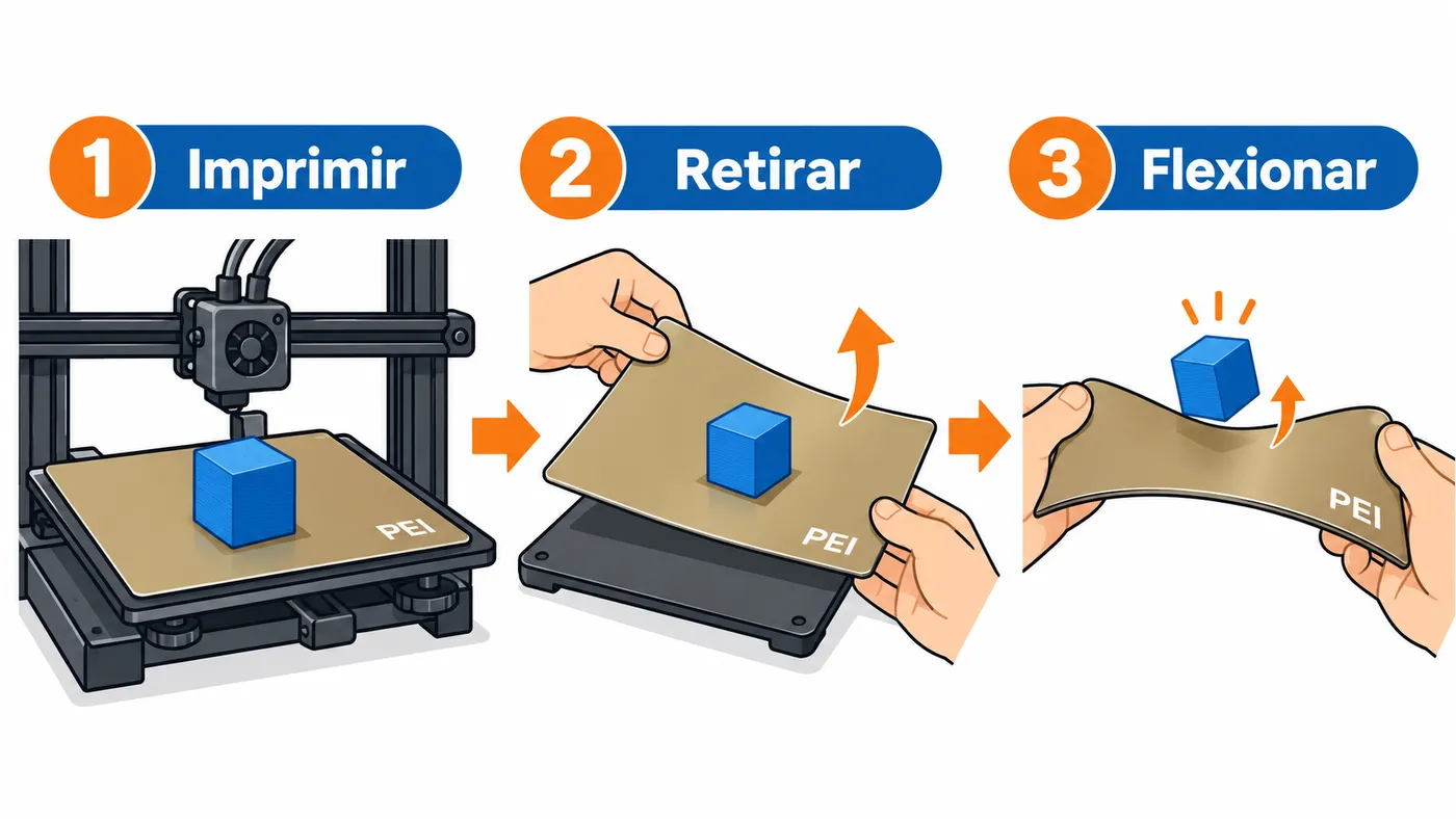 Tres pasos para retirar una pieza impresa: quitar la lámina PEI de la cama y flexionarla.
