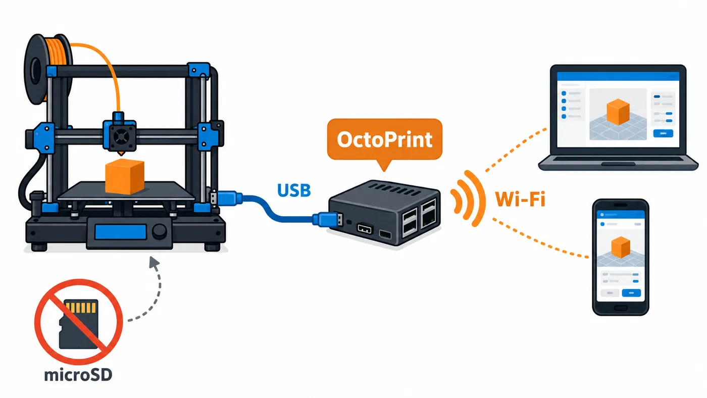 OctoPrint conecta la impresora por USB con un ordenador pequeño y permite controlarla por Wi-Fi.