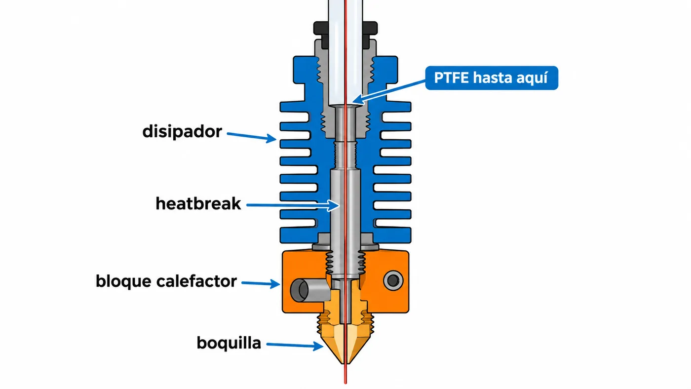 Corte de un hotend V6: el PTFE termina sobre el heatbreak y no entra en la zona caliente.