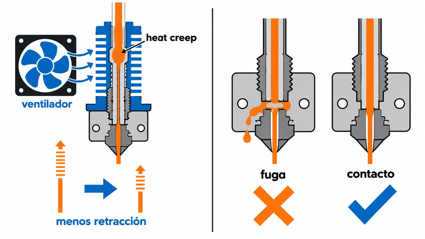 Esquema de heat creep y comparación entre una unión con fuga y el contacto correcto entre boquilla y heatbreak.
