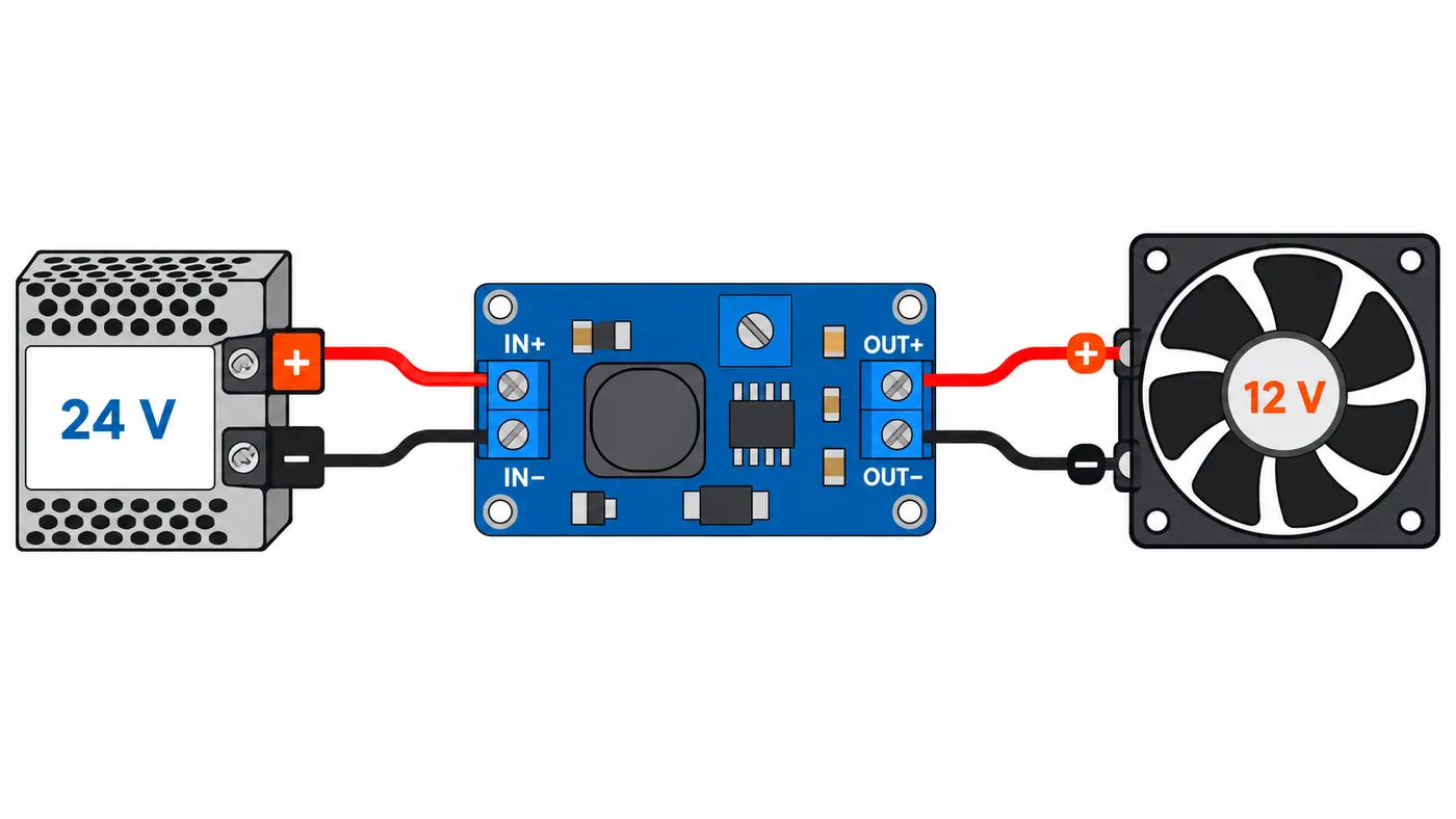 Esquema del LM2596 entre una fuente de 24 V y un ventilador de 12 V, con la polaridad de entrada y salida indicada.