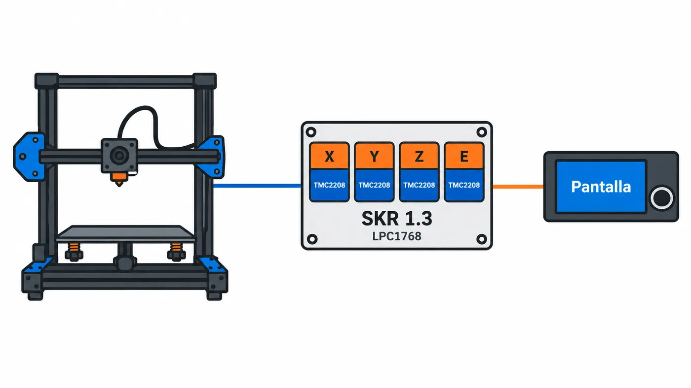 Esquema de una impresora conectada a la SKR 1.3, con cuatro drivers TMC2208 para X, Y, Z y E.