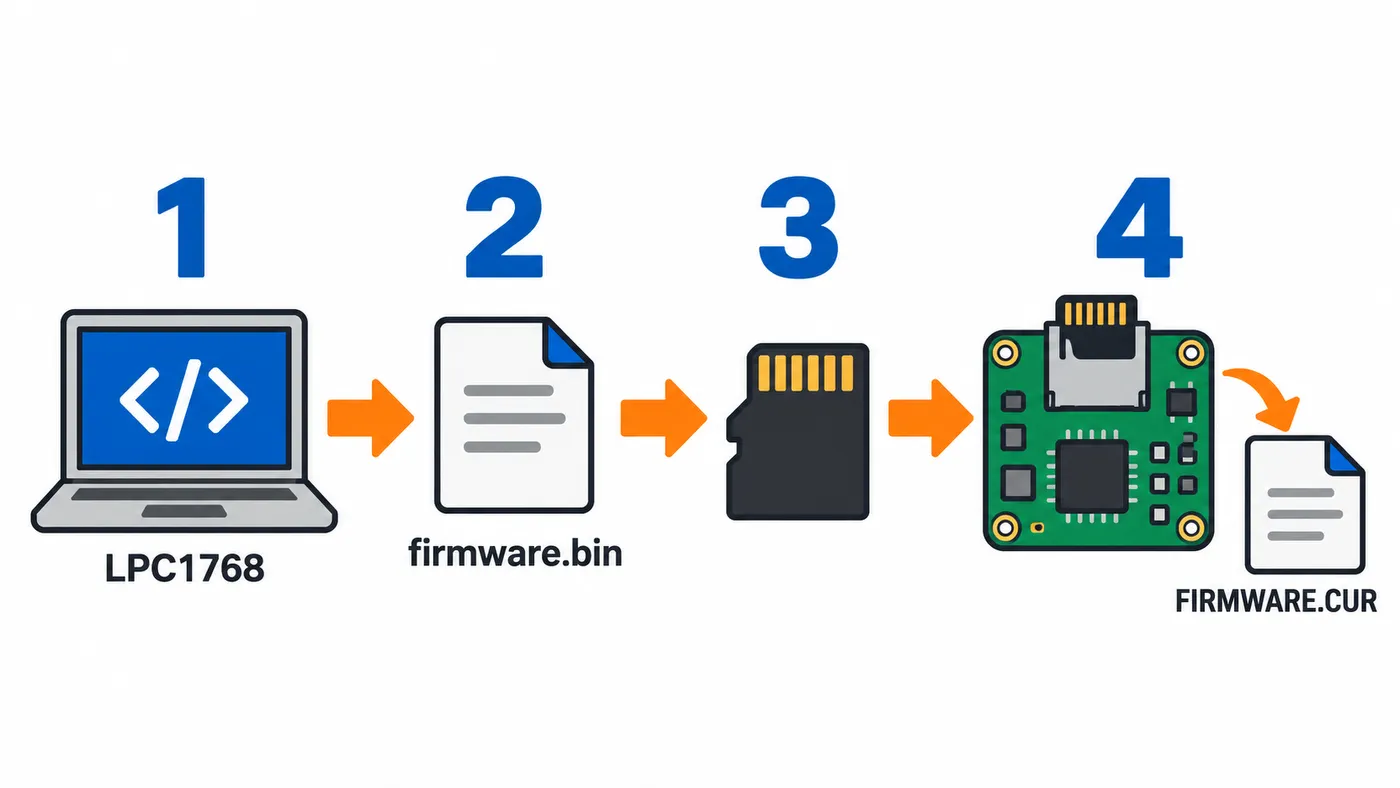 Secuencia de instalación: compilar para LPC1768, copiar firmware.bin a microSD y actualizar la placa.