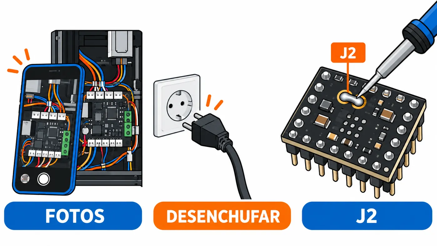 Preparación del montaje: fotografiar el cableado, desenchufar la impresora y revisar el puente J2.
