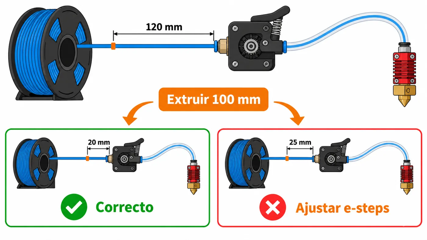 Extrusión y medición de 100 mm de filamento para comprobar si hay que ajustar los e-steps.