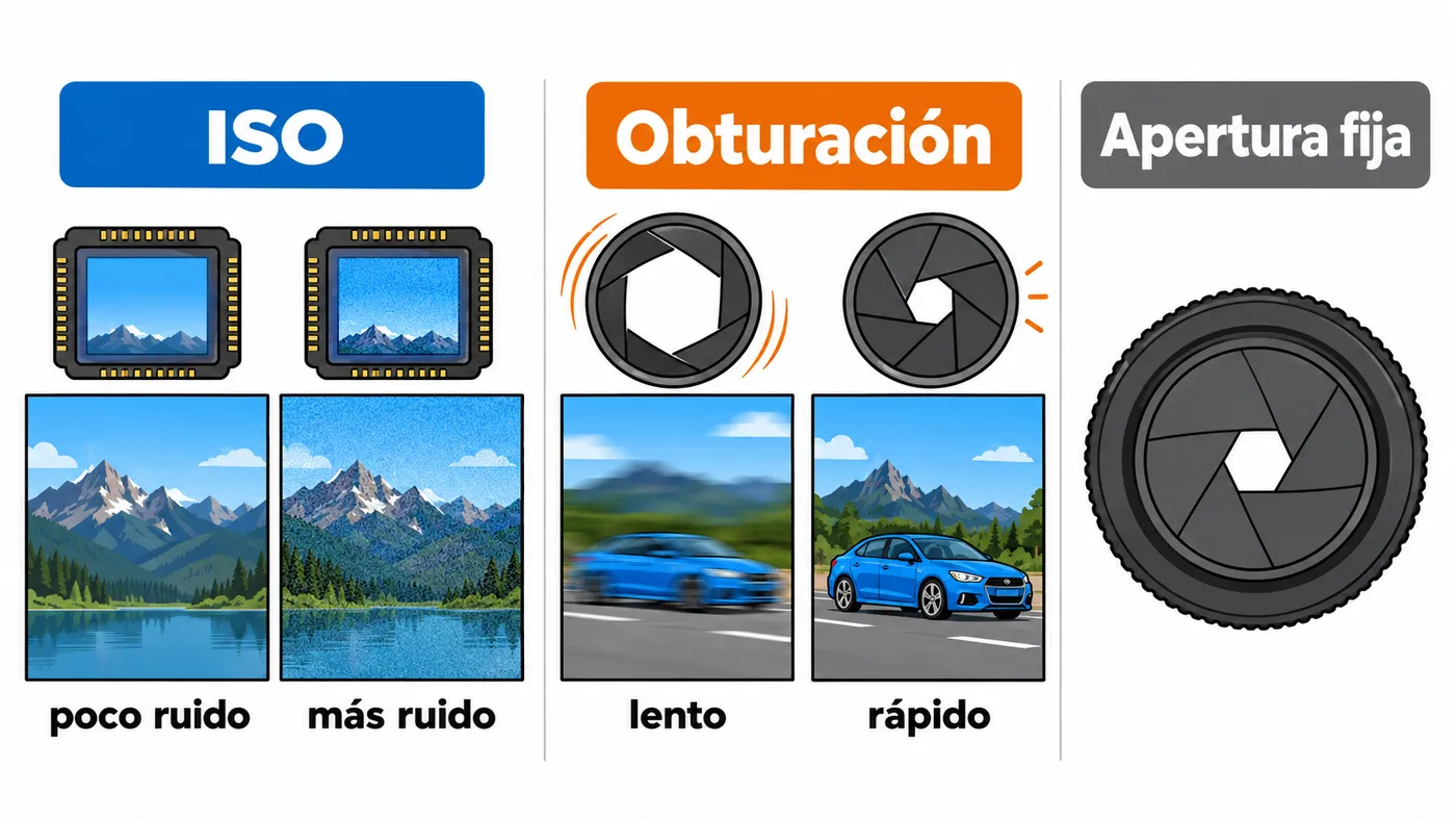 Comparación visual de ISO, velocidad de obturación y apertura fija en una cámara de dron.