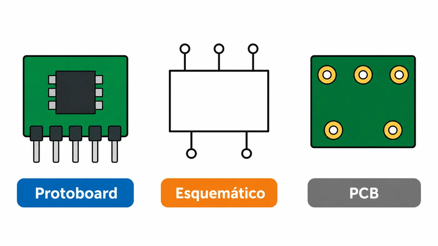 Tres vistas de un mismo componente de cinco pines: protoboard, esquemático y PCB.