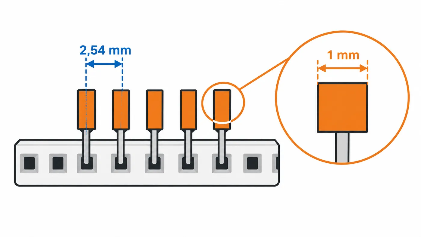 Pines alineados en una protoboard con separación de 2,54 mm y marcador de conector de 1 mm.