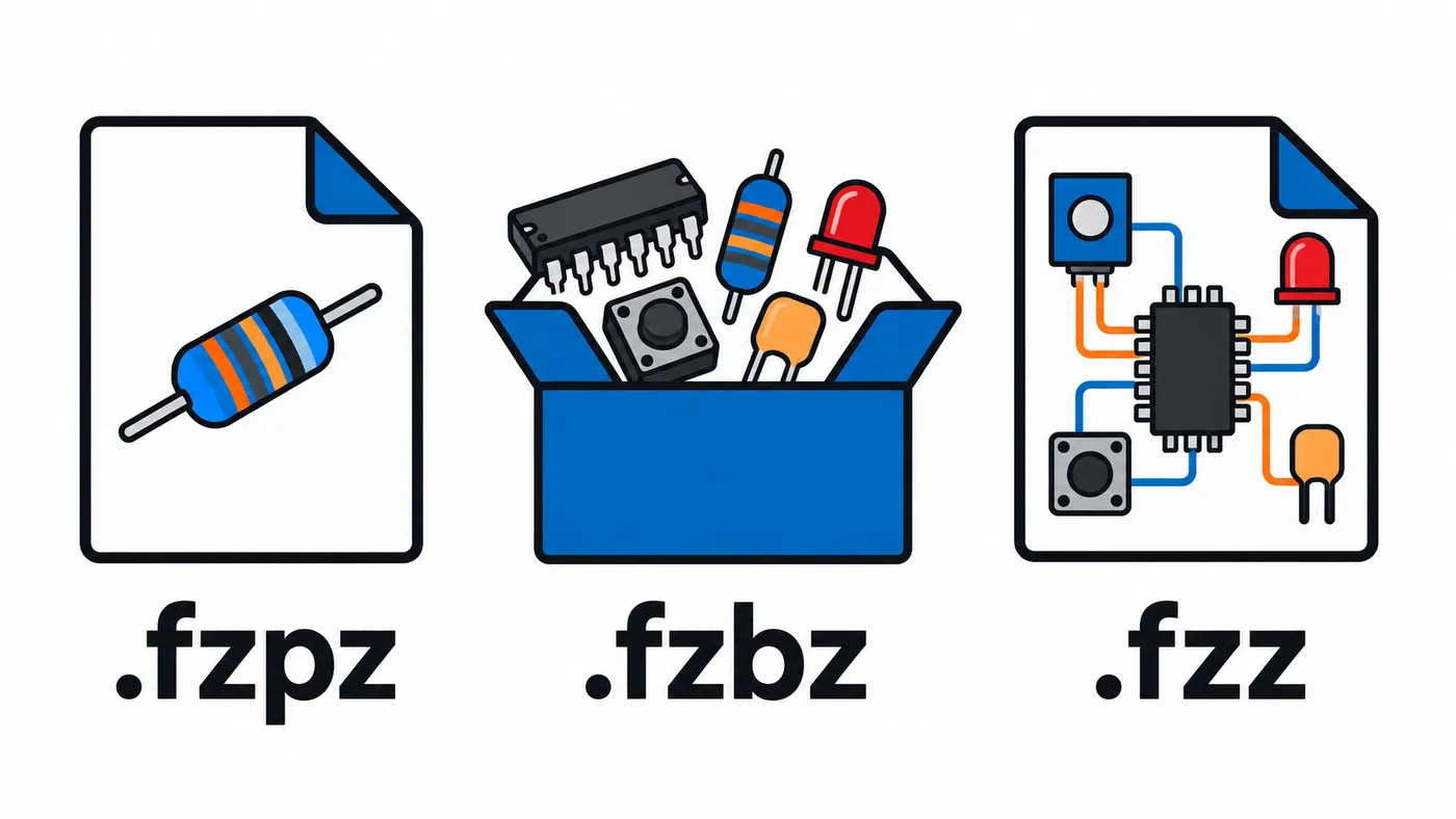 Comparación visual de .fzpz como componente, .fzbz como colección y .fzz como proyecto completo.