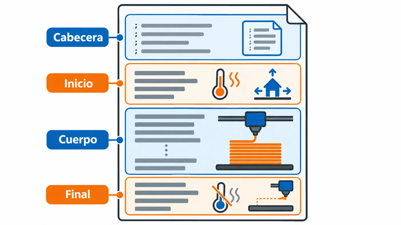 Cuatro bloques de un archivo G-code: cabecera, inicio, cuerpo por capas y final.