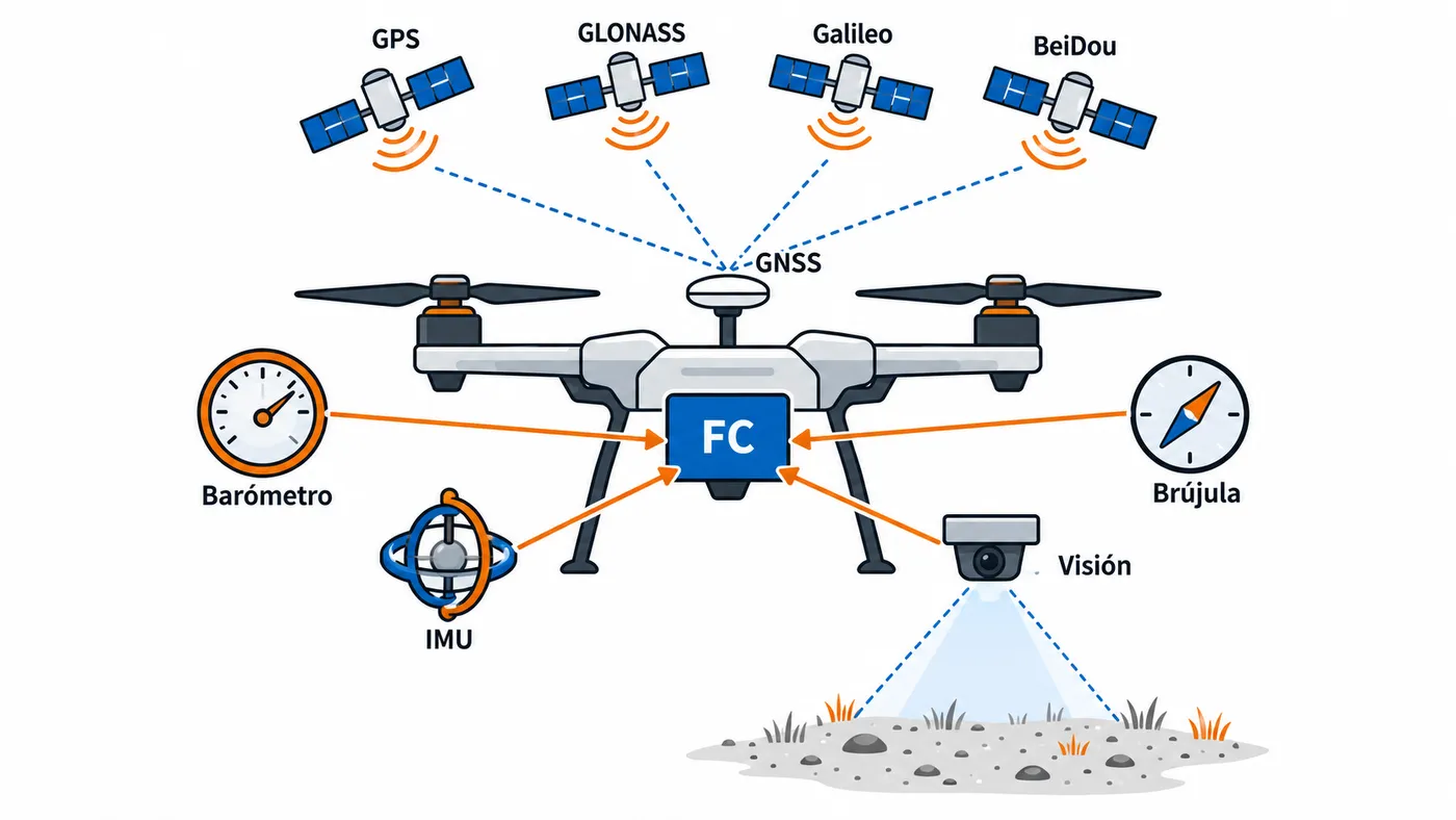 Esquema de un dron que combina satélites GNSS con barómetro, IMU, brújula y sensores de visión en el controlador de vuelo