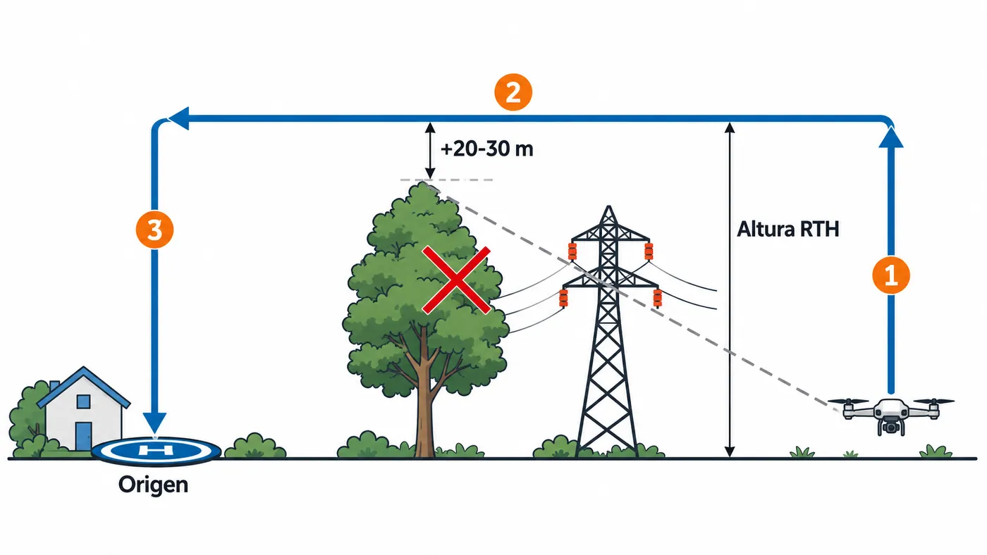 Perfil de la vuelta a casa: el dron sube a la altura de RTH, vuela en línea recta por encima del árbol más alto y desciende